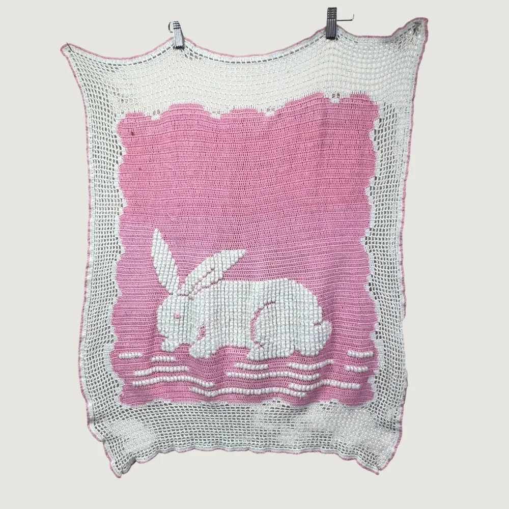 Handmade Vintage Crochet Baby Blanket Pink White Popcorn Stitch Bunny Rabbit